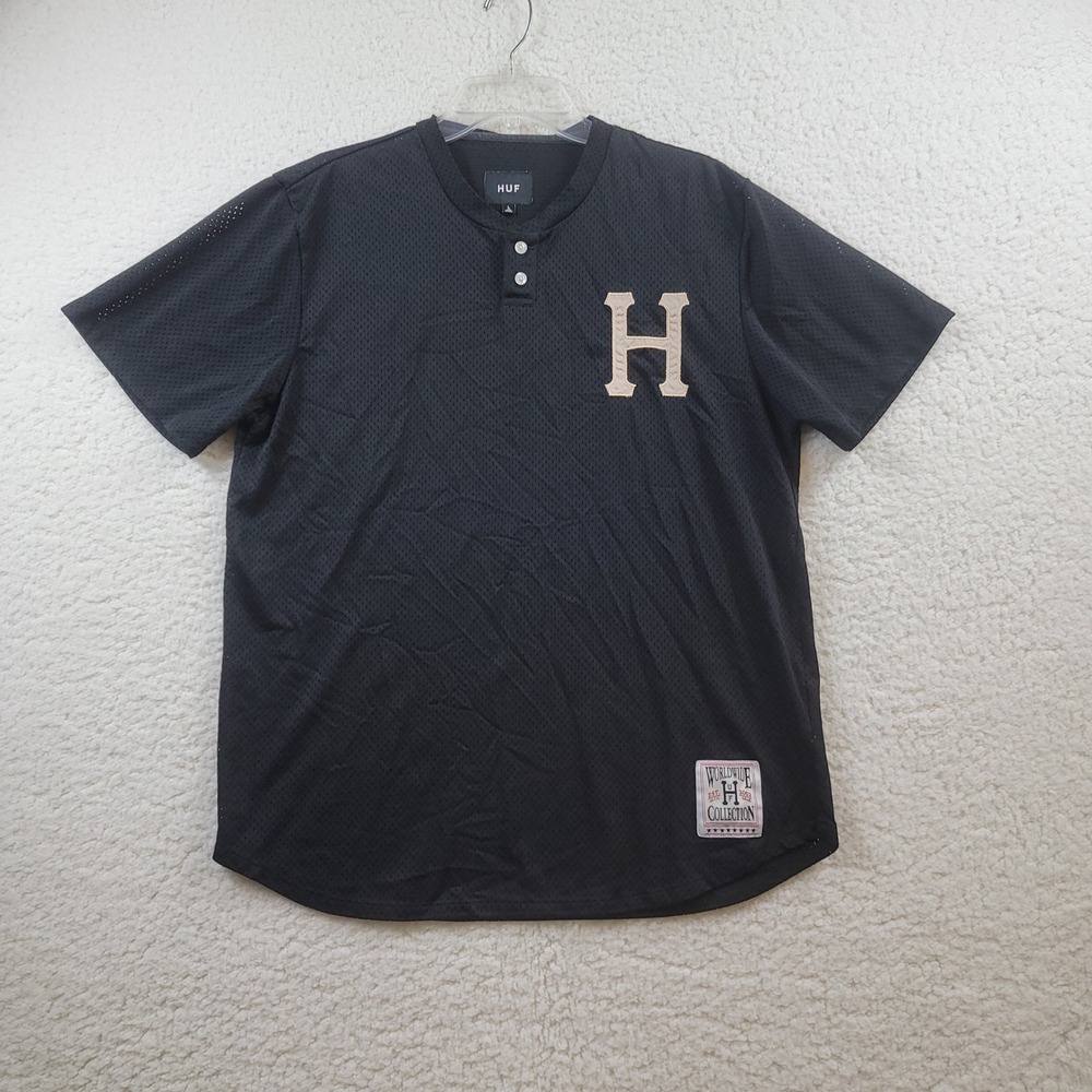 HUF Baseball Jersey Mens L Black Mesh Henley Short Sleeve Embroidered H Patch